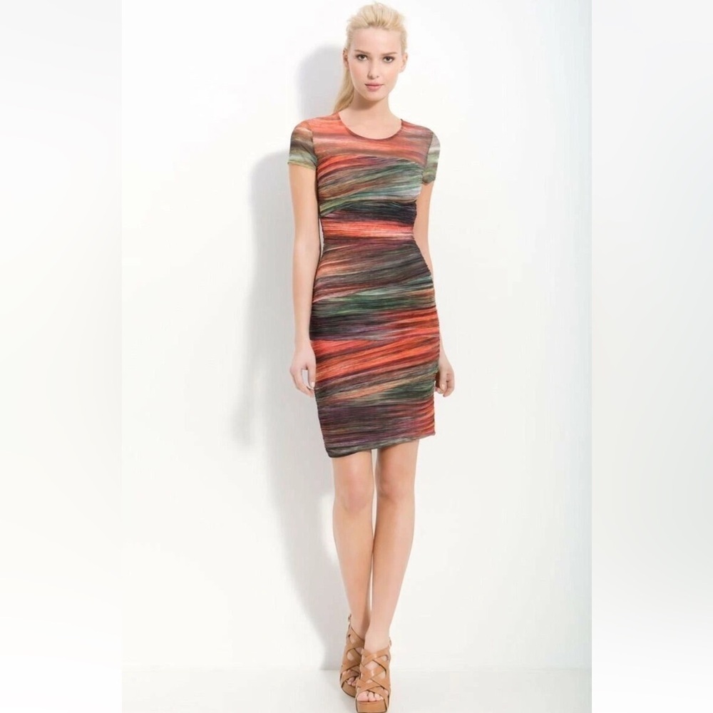 BCBG MaxAzria Donna Colorful Ruched Unique Mesh Bodycon Cap Sleeve Sheath Dress - Picture 6 of 16